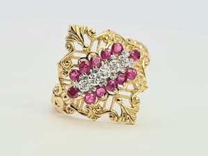 A8071: Vintage: Dramatic 14ct Gold Openwork 12 Rubies 5 Diamonds Cocktail Ring