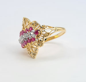 A8071: Vintage: Dramatic 14ct Gold Openwork 12 Rubies 5 Diamonds Cocktail Ring