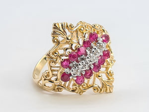 A8071: Vintage: Dramatic 14ct Gold Openwork 12 Rubies 5 Diamonds Cocktail Ring