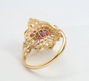 A8071: Vintage: Dramatic 14ct Gold Openwork 12 Rubies 5 Diamonds Cocktail Ring