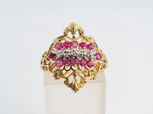 A8071: Vintage: Dramatic 14ct Gold Openwork 12 Rubies 5 Diamonds Cocktail Ring