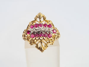 A8071: Vintage: Dramatic 14ct Gold Openwork 12 Rubies 5 Diamonds Cocktail Ring