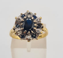 Load image into Gallery viewer, 8029: Vintage 18ct Gold 7 Blue Sapphires 6 Diamonds Geometric Cluster Ring- sparkling statement
