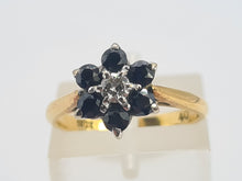 Load image into Gallery viewer, 8032: Vintage: Petite 18ct Gold French Blue Sapphires Diamond Flower Head Ring- lovely
