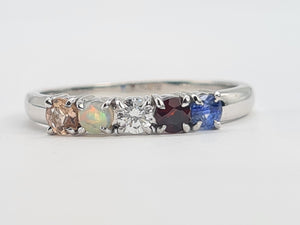 A8087: Vintage: Rare 18ct White Gold 5-Stones Rainbow Stacker/Dress Ring- Opal, Tanzanite. Diamond, Ruby, Morganite-