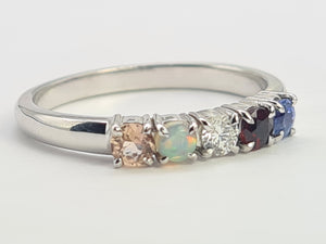 A8087: Vintage: Rare 18ct White Gold 5-Stones Rainbow Stacker/Dress Ring- Opal, Tanzanite. Diamond, Ruby, Morganite-