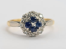 Load image into Gallery viewer, 8089: Vintage: (1965)- 18ct Gold Blue Sapphires 8 Round Cut Diamonds Cluster Ring- petite, sparkling, geometric set
