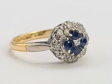 Load image into Gallery viewer, 8089: Vintage: (1965)- 18ct Gold Blue Sapphires 8 Round Cut Diamonds Cluster Ring- petite, sparkling, geometric set
