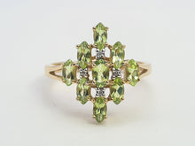 Load image into Gallery viewer, 8116: Vintage: 9ct Gold Peridots Diamonds Cocktail Cluster Ring - geometric beauty
