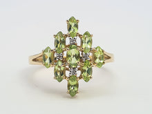 Load image into Gallery viewer, 8116: Vintage: 9ct Gold Peridots Diamonds Cocktail Cluster Ring - geometric beauty
