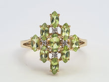 Load image into Gallery viewer, 8116: Vintage: 9ct Gold Peridots Diamonds Cocktail Cluster Ring - geometric beauty
