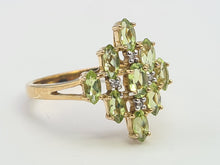 Load image into Gallery viewer, 8116: Vintage: 9ct Gold Peridots Diamonds Cocktail Cluster Ring - geometric beauty
