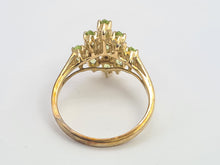 Load image into Gallery viewer, 8116: Vintage: 9ct Gold Peridots Diamonds Cocktail Cluster Ring - geometric beauty
