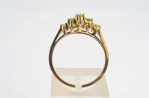 8116: Vintage: 9ct Gold Peridots Diamonds Cocktail Cluster Ring - geometric beauty