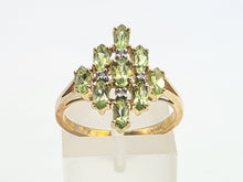 Load image into Gallery viewer, 8116: Vintage: 9ct Gold Peridots Diamonds Cocktail Cluster Ring - geometric beauty
