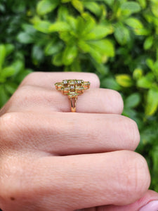 8116: Vintage: 9ct Gold Peridots Diamonds Cocktail Cluster Ring - geometric beauty