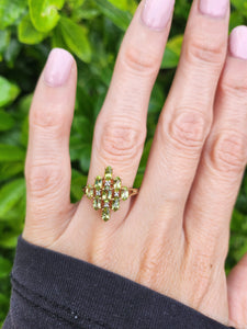 8116: Vintage: 9ct Gold Peridots Diamonds Cocktail Cluster Ring - geometric beauty