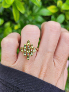 8116: Vintage: 9ct Gold Peridots Diamonds Cocktail Cluster Ring - geometric beauty