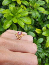 Load image into Gallery viewer, A8071: Vintage: Dramatic 14ct Gold Openwork 12 Rubies 5 Diamonds Cocktail Ring
