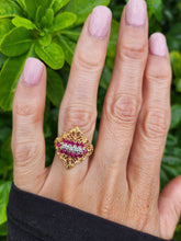 Load image into Gallery viewer, A8071: Vintage: Dramatic 14ct Gold Openwork 12 Rubies 5 Diamonds Cocktail Ring
