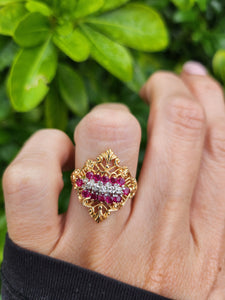 A8071: Vintage: Dramatic 14ct Gold Openwork 12 Rubies 5 Diamonds Cocktail Ring