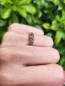 A8061: Antique, 9ct Gold Boat Shaped Aquamarines Trilogy Ring- ancient..would work well as stacker