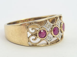 A8124: Vintage: 9ct Gold Rubies Diamonds Geometric Set Band- openwork design- superb