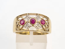 Load image into Gallery viewer, A8124: Vintage: 9ct Gold Rubies Diamonds Geometric Set Band- openwork design- superb
