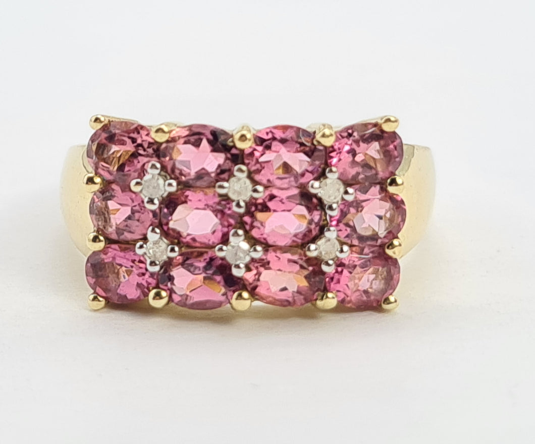 A8129: Vintage; Statement; 9ct Gold Pink Morganites Diamonds Cocktail Ring - total eye candy