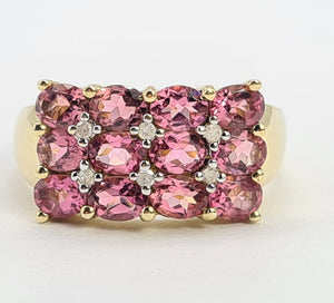 A8129: Vintage; Statement; 9ct Gold Pink Morganites Diamonds Cocktail Ring - total eye candy