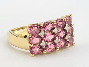 A8129: Vintage; Statement; 9ct Gold Pink Morganites Diamonds Cocktail Ring - total eye candy