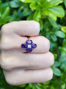 A9073: Vintage: 18ct Gold Rich Purple Amethyst Full Cut Diamond Geometric Set Ring- Exquisite