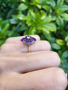 A9073: Vintage: 18ct Gold Rich Purple Amethyst Full Cut Diamond Geometric Set Ring- Exquisite