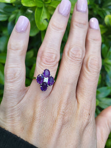 A9073: Vintage: 18ct Gold Rich Purple Amethyst Full Cut Diamond Geometric Set Ring- Exquisite