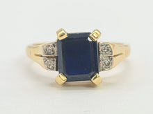 Load image into Gallery viewer, A8166: Vintage: 18ct Gold Emerald Cut Royal Blue Sapphire Diamonds Dress Ring- lovely symmetry
