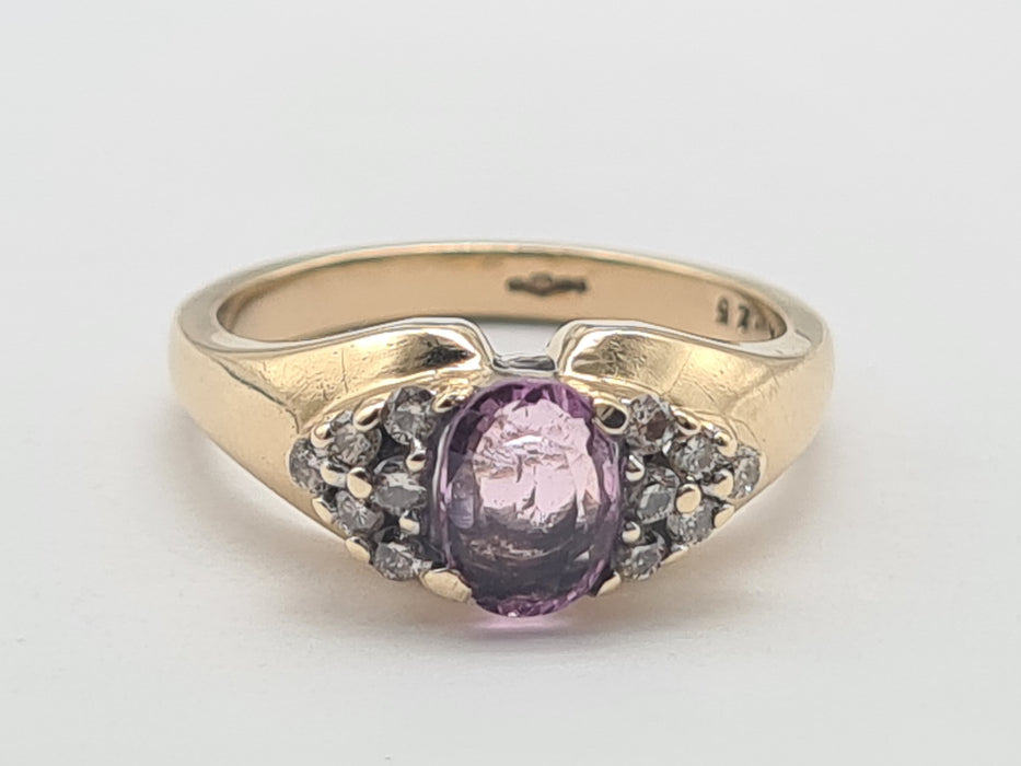 6268 Vintage: 9ct Gold Pink Sapphire 12 Diamonds Dress Ring