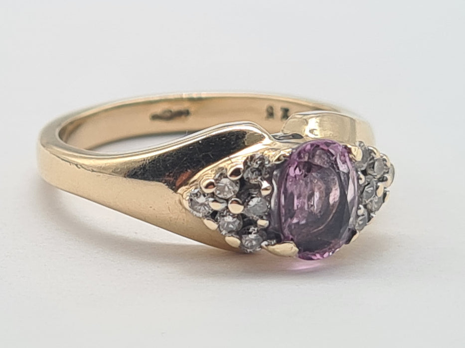 6268 Vintage: 9ct Gold Pink Sapphire 12 Diamonds Dress Ring