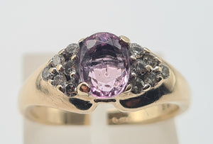 8178: Vintage: 9ct Gold Pink Sapphire 12 Diamonds Dress Ring