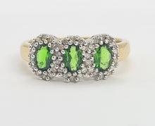 Load image into Gallery viewer, 8197: Vintage: 9ct Gold Green Diopsides 36 Diamonds Dress Ring-
