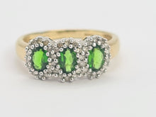 Load image into Gallery viewer, 8197: Vintage: 9ct Gold Green Diopsides 36 Diamonds Dress Ring-
