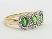 Load image into Gallery viewer, 8197: Vintage: 9ct Gold Green Diopsides 36 Diamonds Dress Ring-
