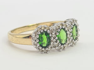 8197: Vintage: 9ct Gold Green Diopsides 36 Diamonds Dress Ring-