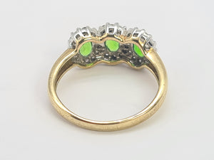 8197: Vintage: 9ct Gold Green Diopsides 36 Diamonds Dress Ring-