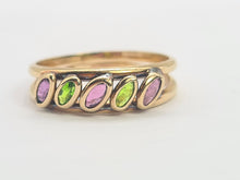 Load image into Gallery viewer, 8199: Vintage: 9ct Gold Pink Spinels Peridot Stacker/ Dress Ring
