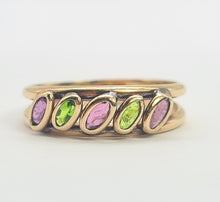 Load image into Gallery viewer, 8199: Vintage: 9ct Gold Pink Spinels Peridot Stacker/ Dress Ring
