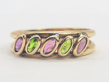 Load image into Gallery viewer, 8199: Vintage: 9ct Gold Pink Spinels Peridot Stacker/ Dress Ring
