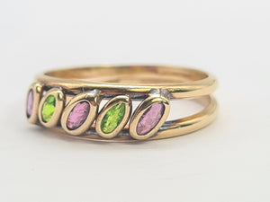 8199: Vintage: 9ct Gold Pink Spinels Peridot Stacker/ Dress Ring