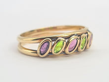 Load image into Gallery viewer, 8199: Vintage: 9ct Gold Pink Spinels Peridot Stacker/ Dress Ring
