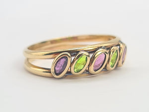 8199: Vintage: 9ct Gold Pink Spinels Peridot Stacker/ Dress Ring