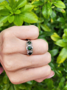 5925: Vintage & Old 18ct Gold Green Tourmalines Trilogy 18 Diamonds Dress Ring- lovely, classic combination- nice weight